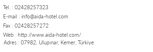 Aida Hotel telefon numaralar, faks, e-mail, posta adresi ve iletiim bilgileri